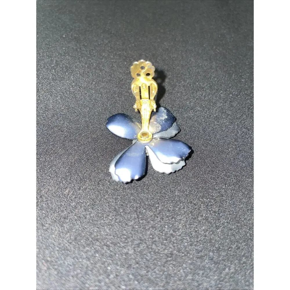 Lot Of Grey Silver Blue Metallic Floral Brooch With Rinestones 3 inch & Earings
